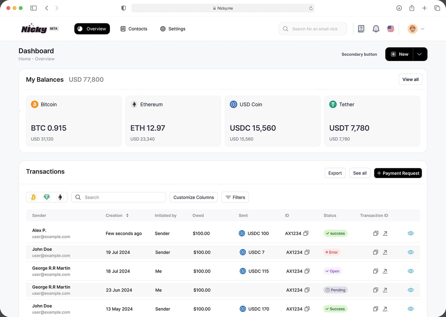 The Nicky dashboard: balances, transactions and payment requests