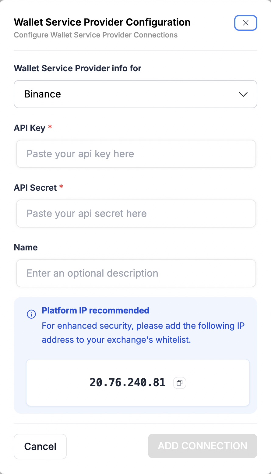Wallet Service Provider Configuration dialog with API key, API secret and optional name fields