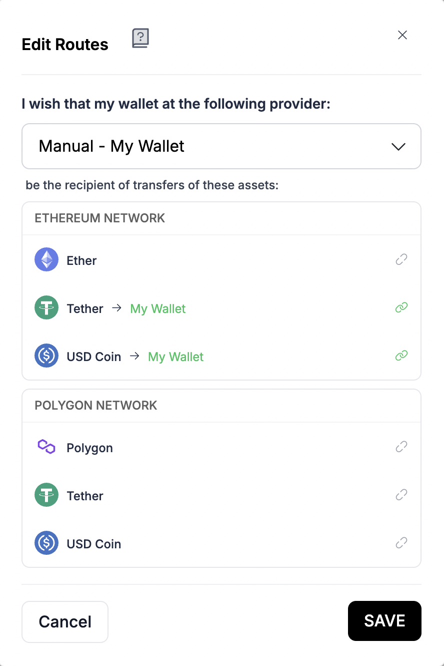Edit Routes dialog showing wallet provider and asset routing options