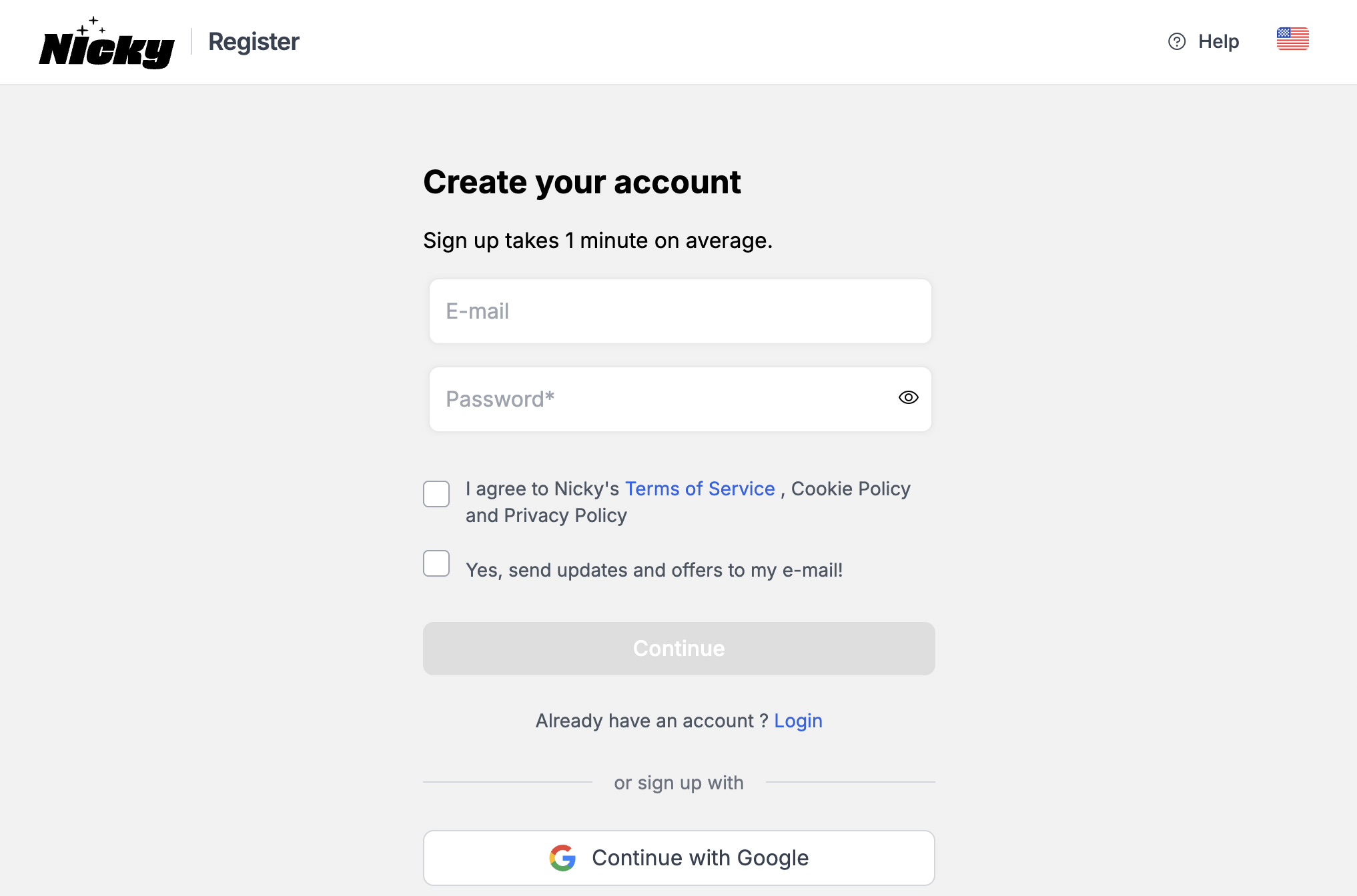 Nicky registration form with email, password, consent checkboxes and Google sign-up option